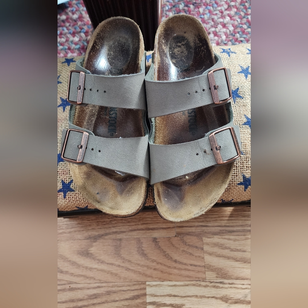 Birkenstock Gray and Brown Sandals with Contoured Footbed